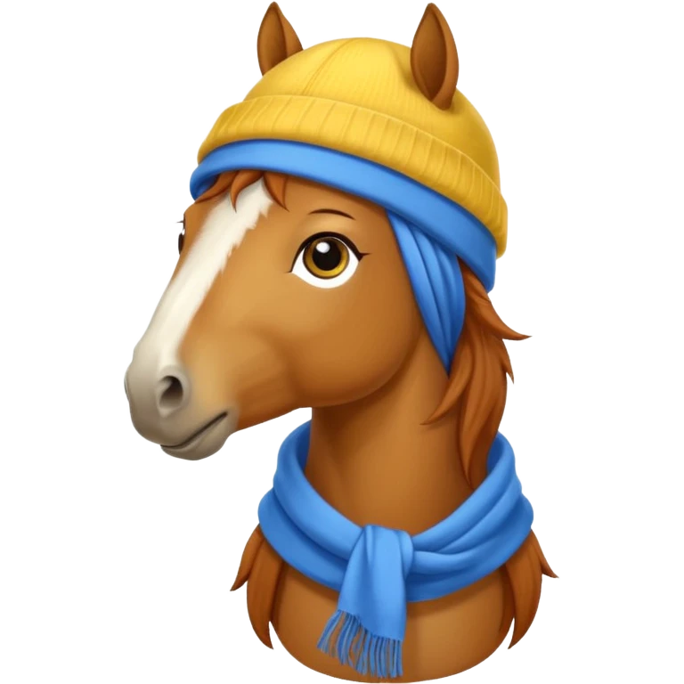 a fabulous funny winter horse in a yellow hat with a blue scarf emoji