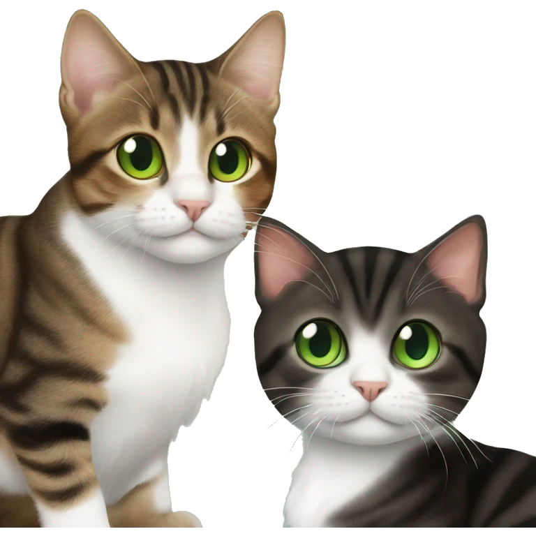 3 cats. brown tabby with green eyes, black tuxedo with green eyes, brown kitten with orange eyes emoji