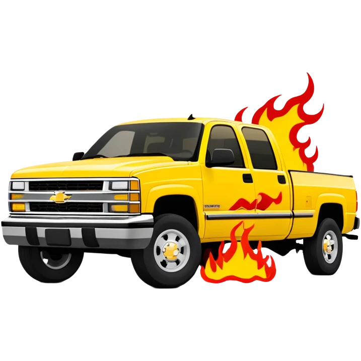 Minimalist yellow 1997 Chevrolet C-2500 Crew Cab Silverado with red flame decals across the hood front, 30-degree view, exact Kill Bill movie design, iOS emoji style emoji