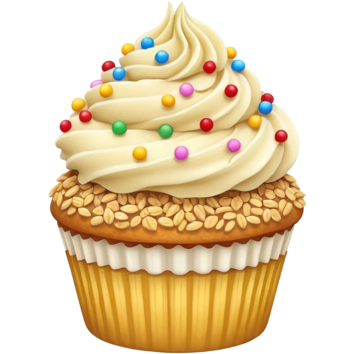 Vanilla cupcake with crushed up cereal on top with sprinkles emoji