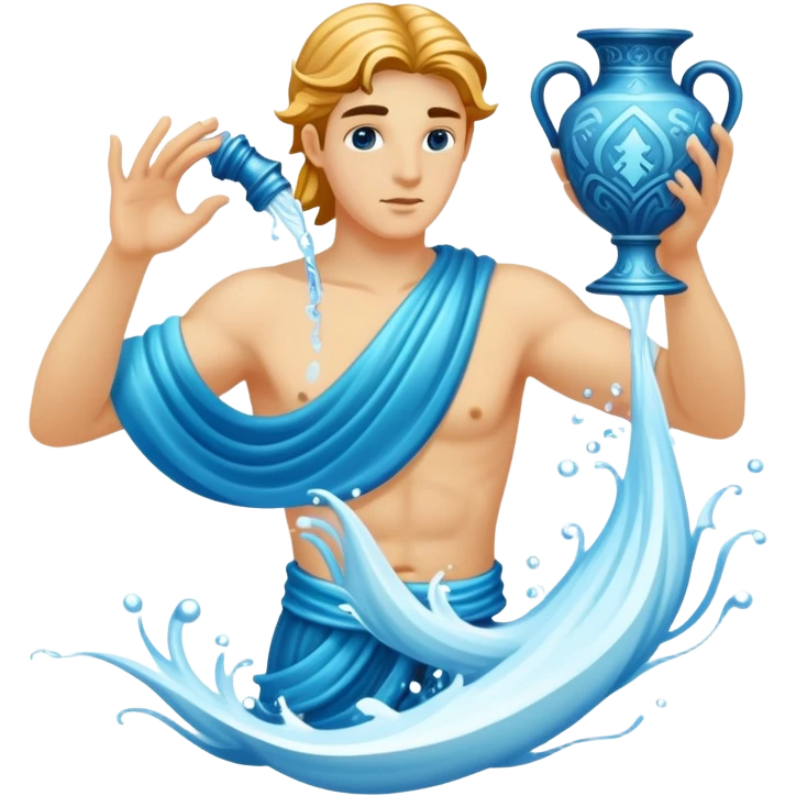 The zodiac symbol Aquarius. A mystical and beautiful water bearer, holding and pouring water into the sea from a large, intricate, and arcane vase emoji
