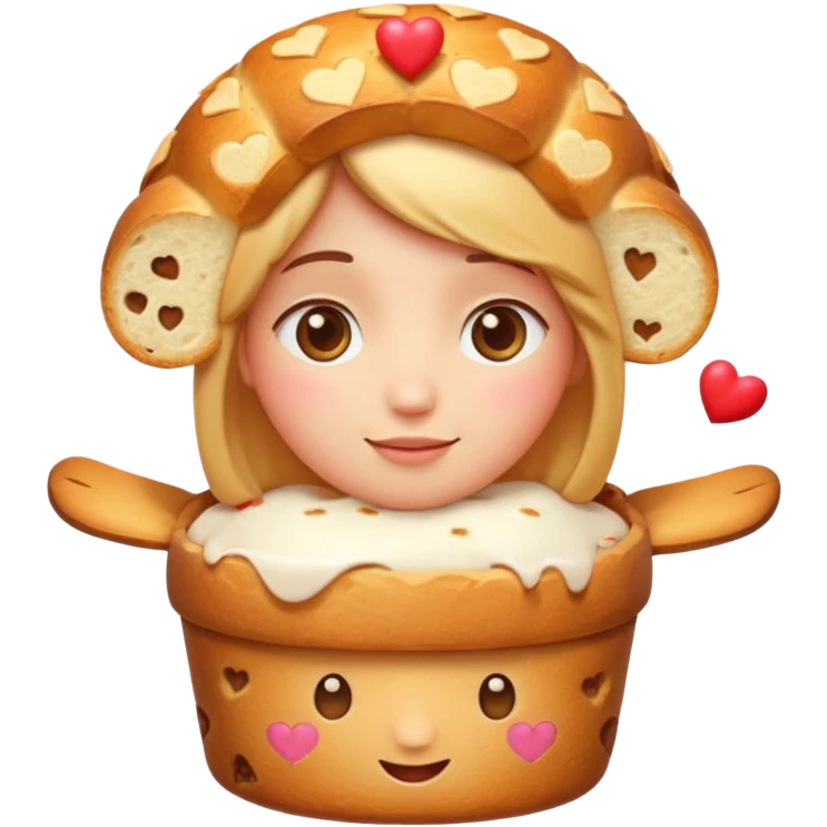 Apple-style emoji illustration of a cute face with dreamy eyes hugging a traditional panettone, small hearts floating around, soft 3D emoji style, smooth gradients, rounded shapes, warm festive colors, simple expression, centered composition, transparent background, no text. emoji