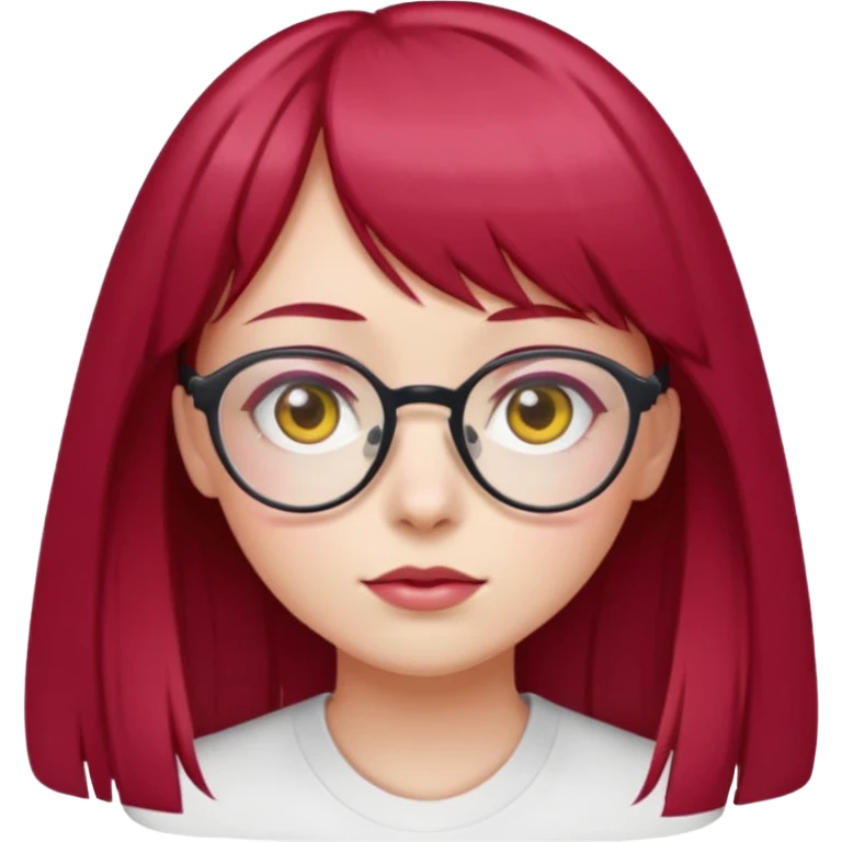 Menina com cabelos vermelho Cherry, liso com franja,olho direito rosa e olho esquerdo amarelo,pele clara e com oculos  emoji