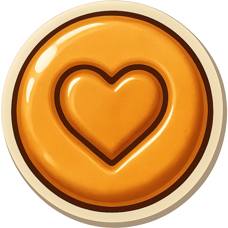 retro sticker style icon of a dalgona candy with a heart shape pressed in the center, playful and bold emoji