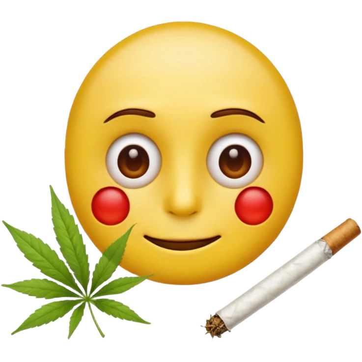 classic yellow emoji face, relaxed expression, eyes with visible red veins (not fully red), holding a clearly rolled weed joint emoji