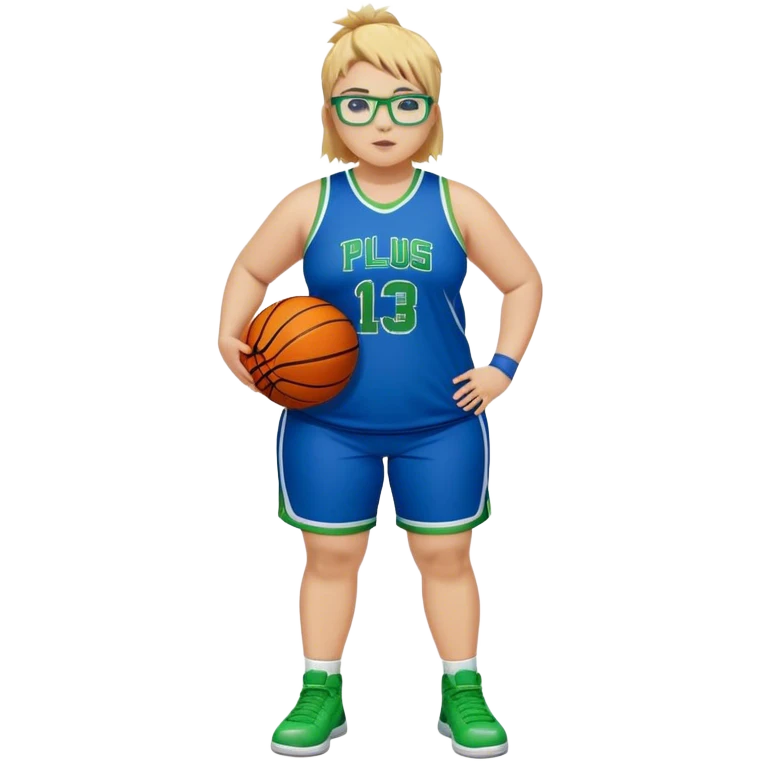 Full Body white plus size Girl with basketball spikey short brown and blonde hair  wearing blue glasses with green eyes wearing blue and green basketball uniform emoji