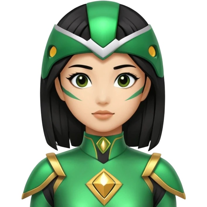 wasian girl in a green Power Ranger suit, black straight hair, black eyes emoji