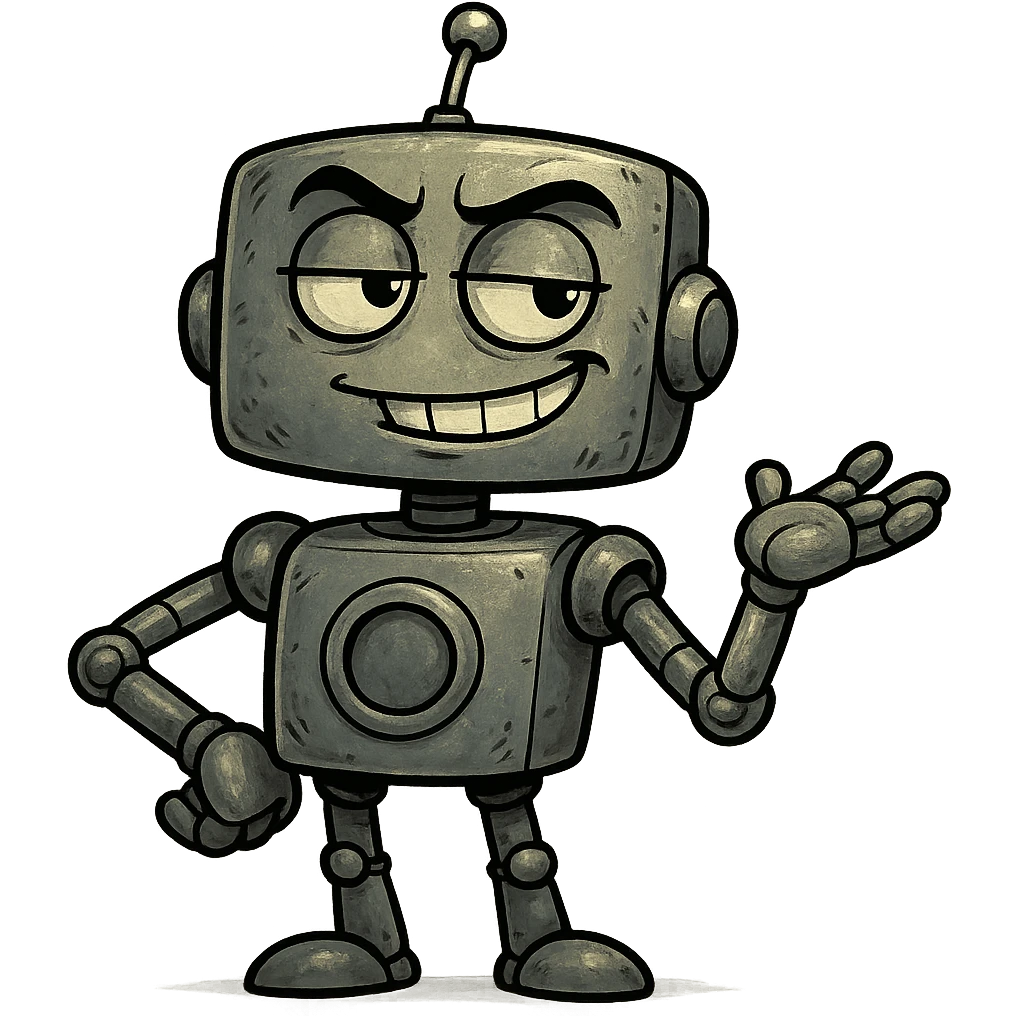 sarcastic robot, expressive, metallic, smirking, hint of attitude emoji