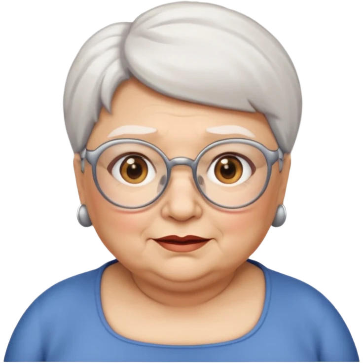 Create me emoji of an old fat lady. Short white hair to left side. Square glasses. Brown eyes. Rounded really big and really wide face. Wide nose.  emoji