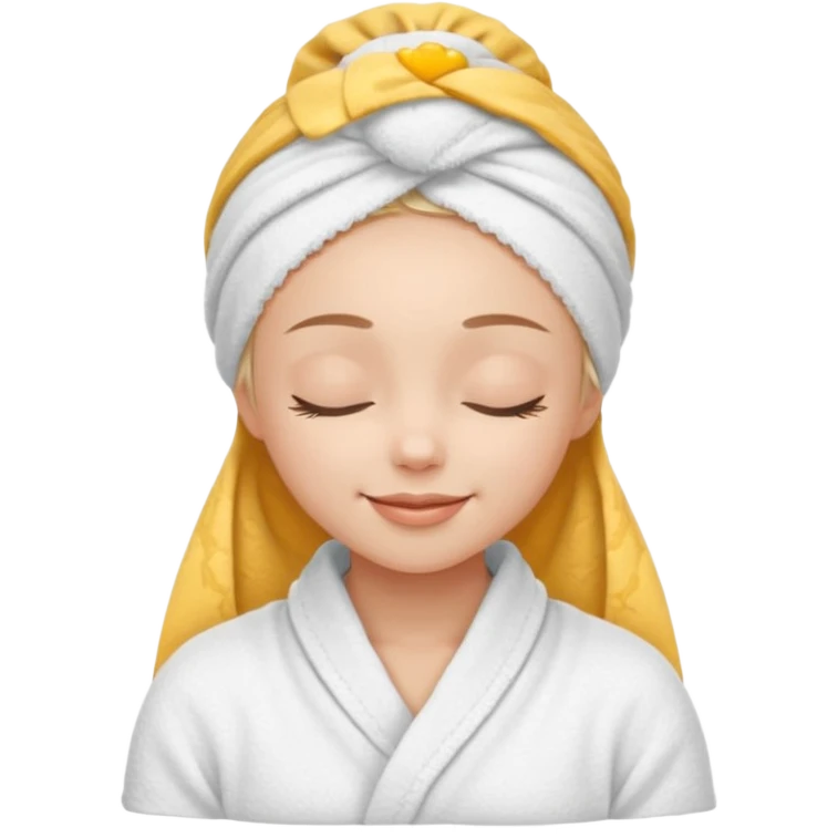 cute girl with her eyes closed and smiling, wearing a white spa towel as her clothes in she has a white spa towel on her head, white face skincare emoji