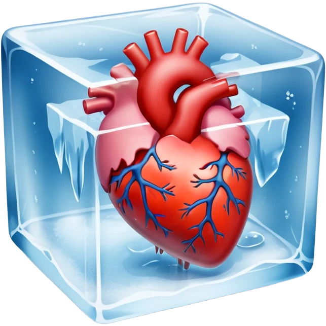 Ultra-realistic photo of a human heart frozen inside a clear ice cube, sharp details, icy texture, frost on the surface, studio lighting, 8k resolution emoji