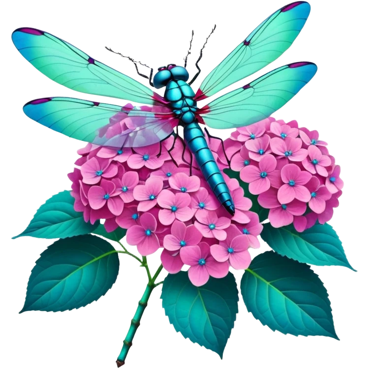 3D Realistic Still life vivid, bold, vibrant pink highly detailed Hydrangea macrophylla,  beautiful green leaves,  beautiful and highly detailed large size wings,  turquoise and teal colored dragonfly resting  emoji