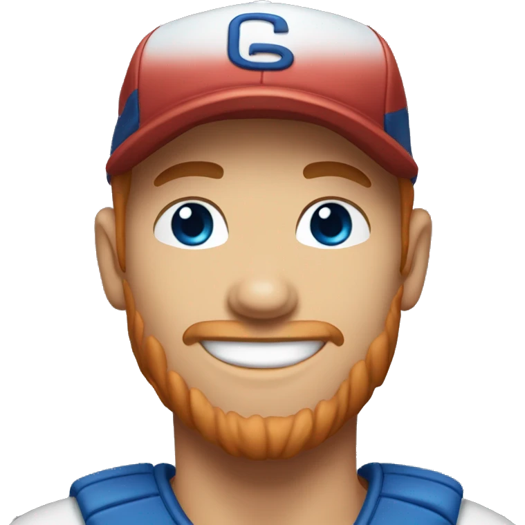 smiling man in baseball cap with blue eyes and reddish hair emoji