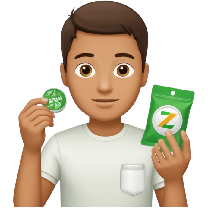 Man holding Zyn spearmint snus in palm and a white pouch in the other emoji