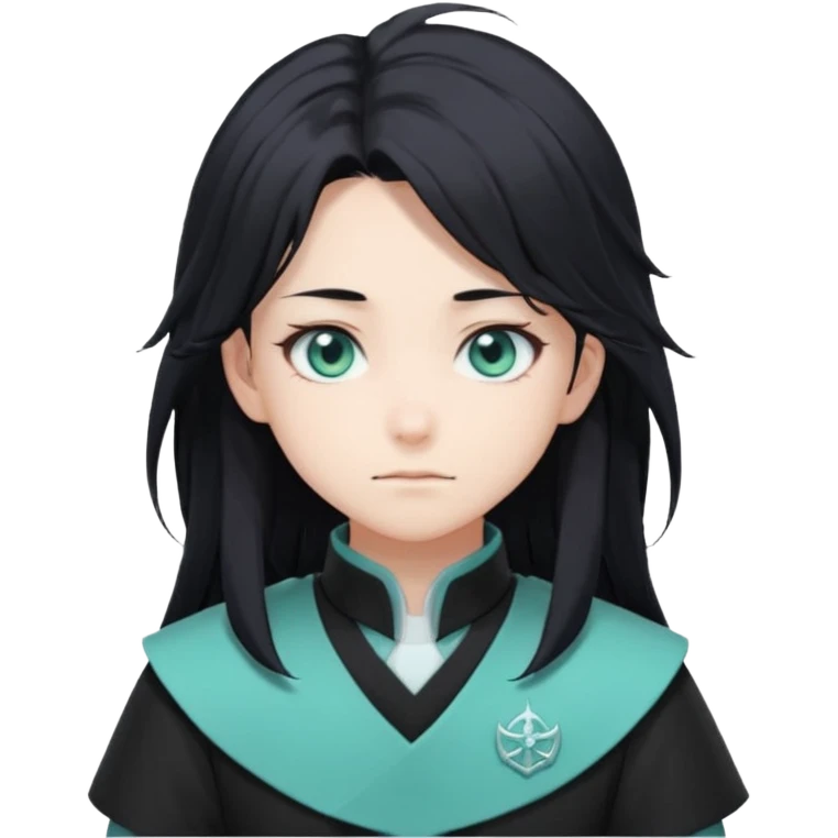 Tokito Muichiro emoji style — calm boy with long black hair fading mint green, turquoise eyes, pale skin, dreamy face, wearing dark Demon Slayer uniform, black + teal tone, anime cute clean style. emoji
