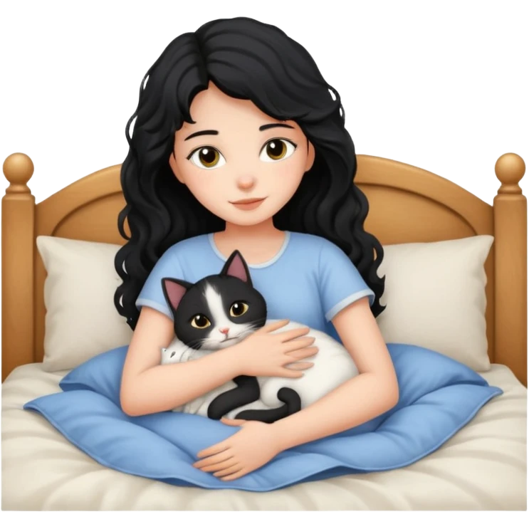 angelic black wavey hair girl in the bed with her cat emoji