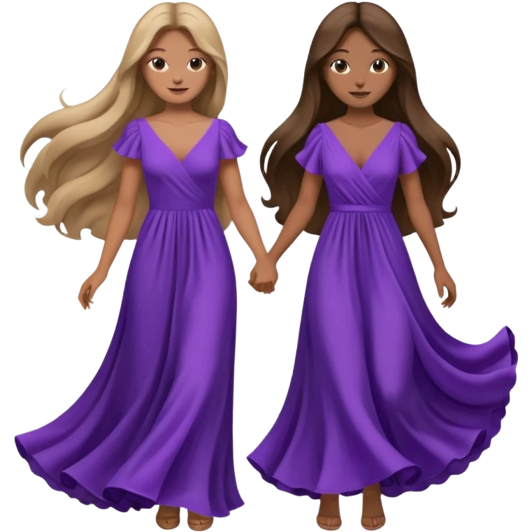 A couple in same outfit female with long hair and purple dress emoji