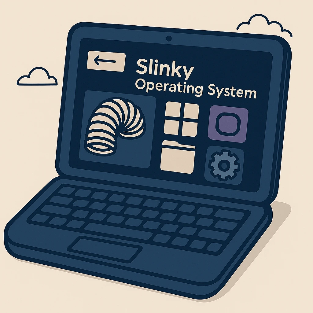 Show a modern laptop displaying the Slinky Operating System in dark mode, keeping the style fun and colorful with a vibrant look. emoji