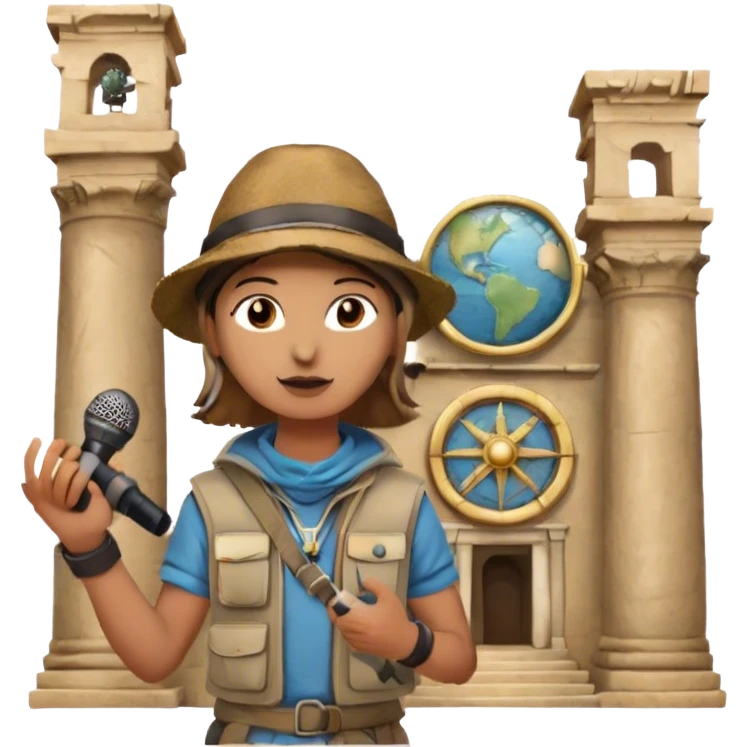 Icon for Documentary Film: A TV-style design with a traveler speaking in front of ancient ruins. Include details like a microphone, the traveler in casual explorer attire, and the ruins in the background. Capture the atmosphere of an informative journey through history. Transparent background. emoji
