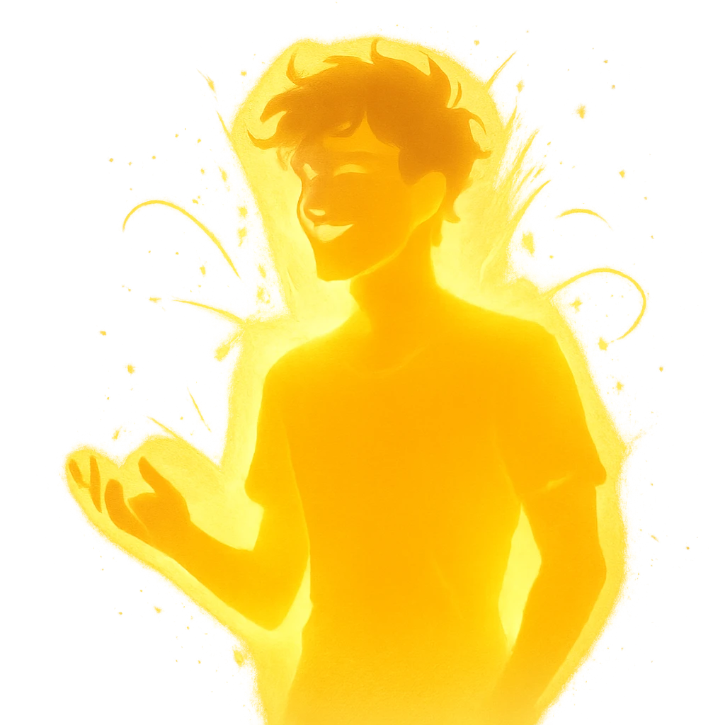radiant young man with a soft glow and captivating energy, symbolizing lighthearted chaos and allure, in a minimalist silhouette emoji