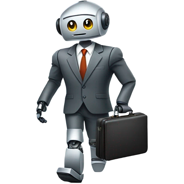Robot with a business suit and briefcase walking into work with message “living the dream” emoji