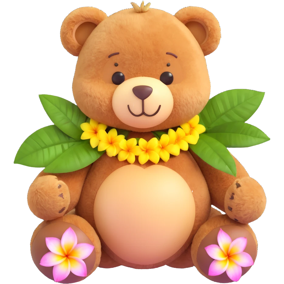 brown teddy bear with big coconuts as breasts, wearing a plumeria lei emoji