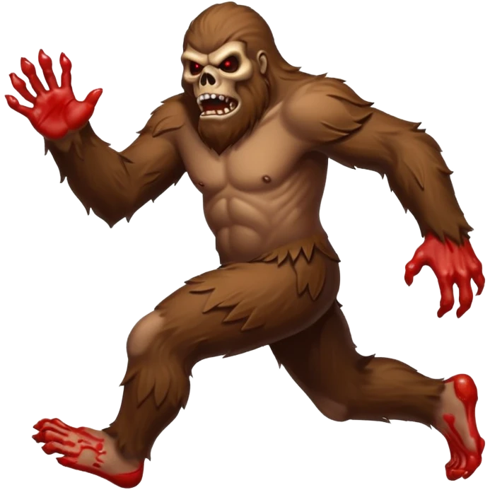An angry sasquatch running full speed to the right in "blitzkrieg" mode. In the style of you bleeding skull art. Needs to be running in the opposite direction with bloody hands and feet emoji