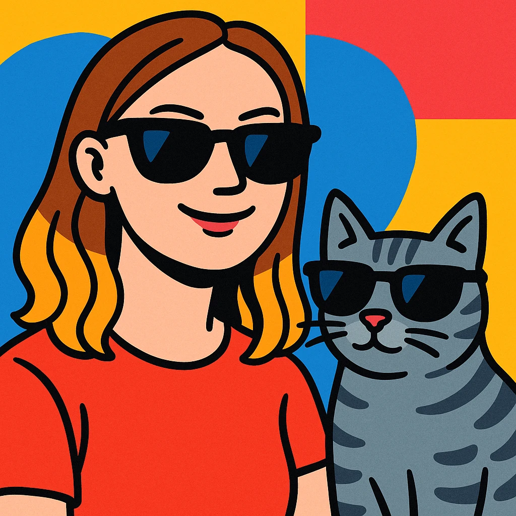 a white woman with light brown ombre hair and a grey tabby cat, both wearing black sunglasses and looking cool, in a vibrant, playful style emoji