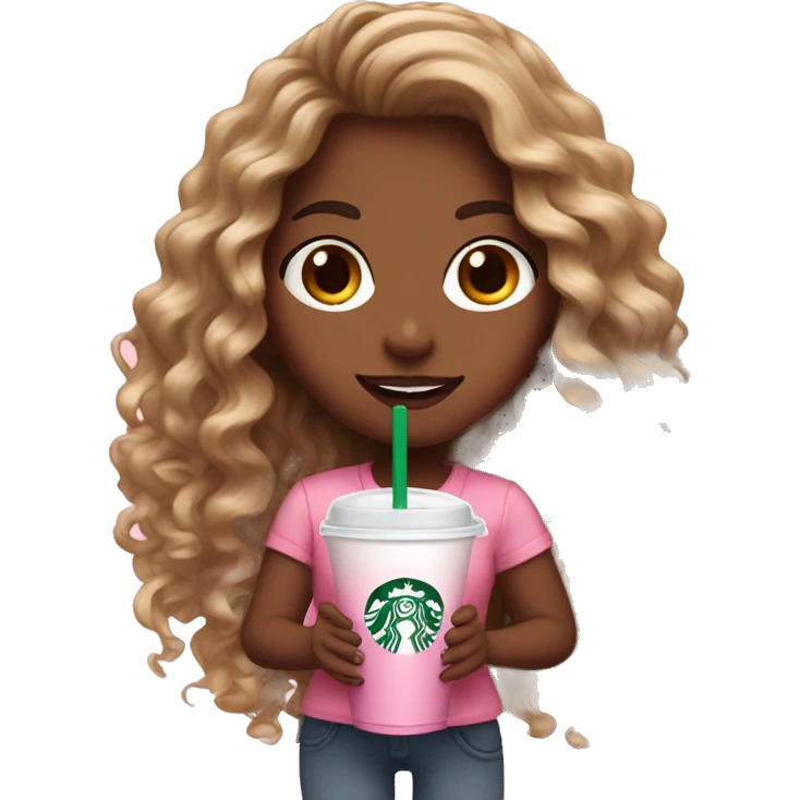 girl with brown and blonde ombré long curly hair holding Pink starbucks refresher emoji