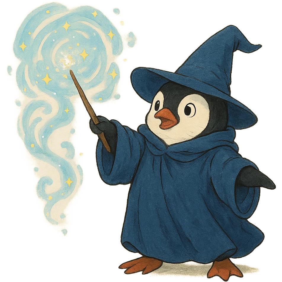 ghibli style penguin wizard casting a spell emoji