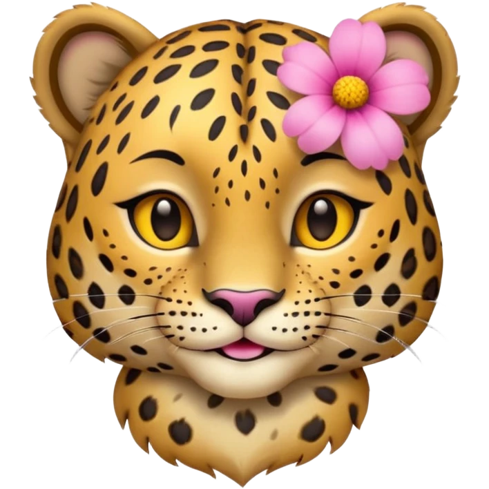 A leopard with peaceful smile, A pink flower with a yellow center is tucked behind its right ear
 emoji