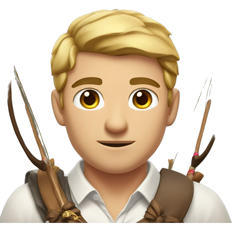 a male archer with a bow, wearing a white shirt, very short brown hair, bright skin, only show upper part of the body from waist up emoji