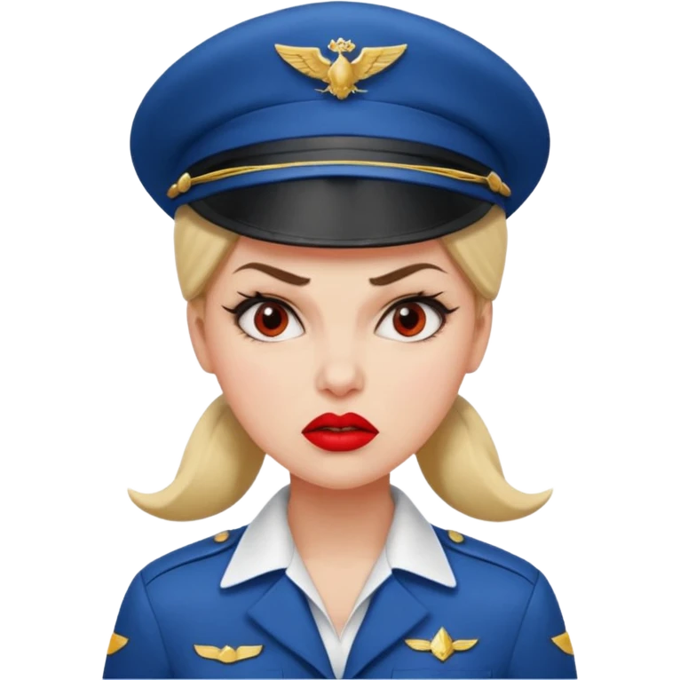 сгенерируй фото женщину с шапкой пилоткой стюардессы и злая  emoji