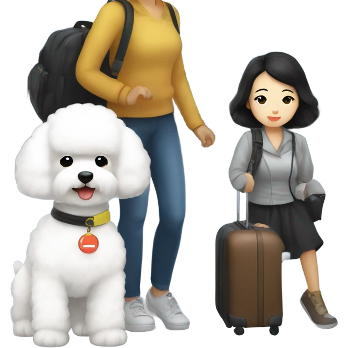 A cute korean style bichon frise with a dark-haired Asian woman at the airport  emoji