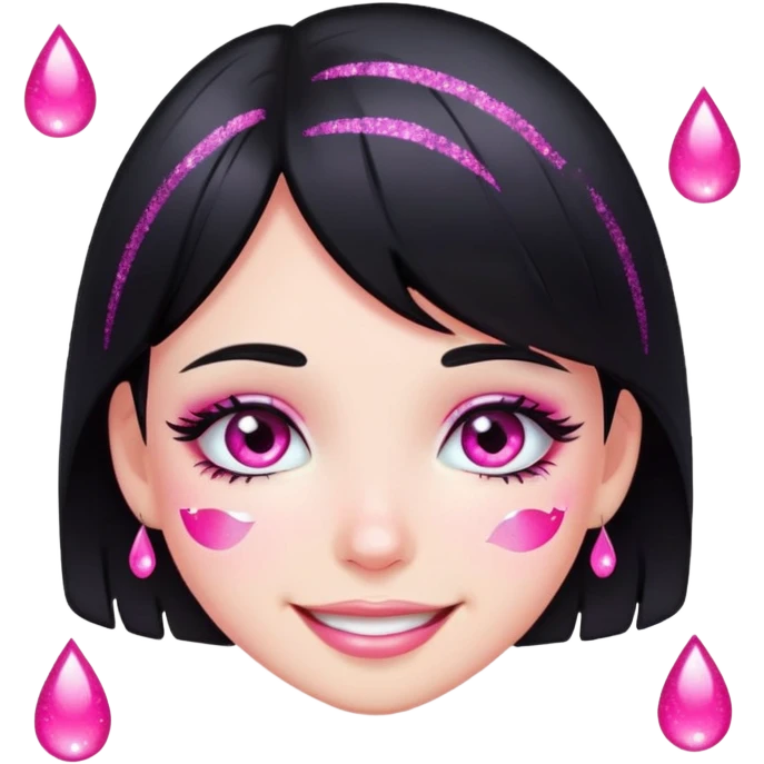 smiling girl with black hair, pink glitter tears, no heart eyes emoji