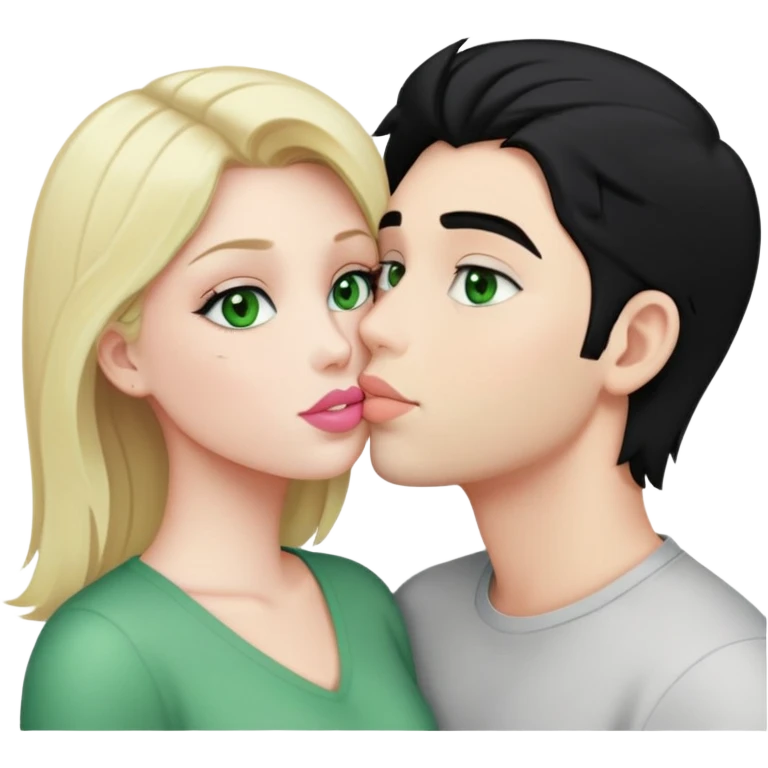 A blonde girl with fair skin and green eyes and light pink lips a guy with black hair and fair skin and green eyes are kissing emoji