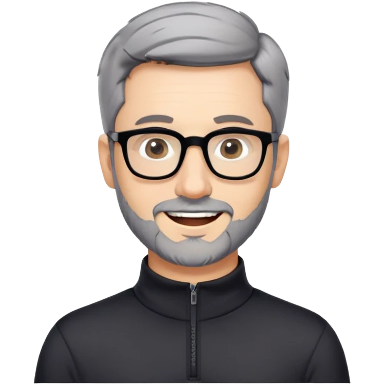 Caucasian man with very short cropped black hair, short beard with noticeable gray hairs, large black eyeglasses, cheerful expression, black athletic long sleeve shirt with quarter zip collar emoji