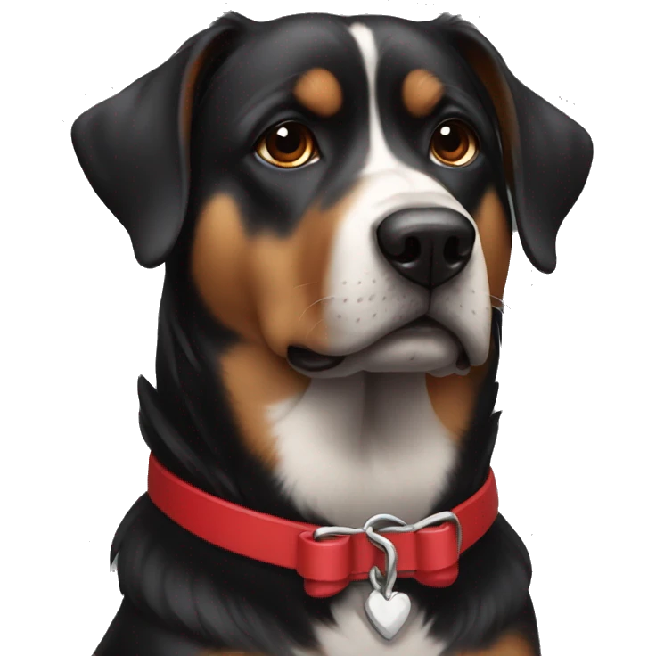 black dog, big jowls, sad puppy eyes, angel wings, red collar emoji