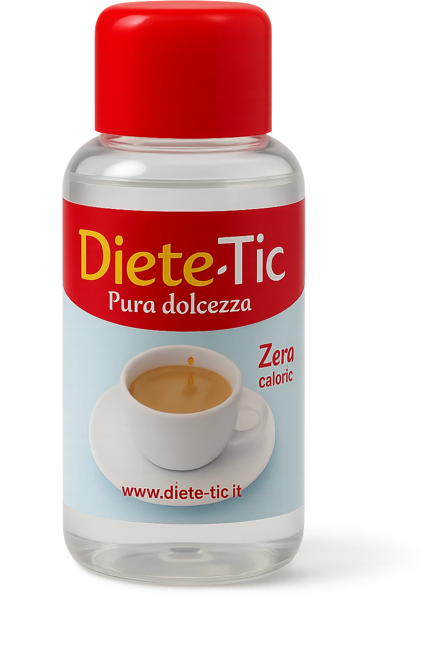 BOCCETTA DI DOLCIFICANTE LIQUIDO CON LA SCRITTA "DIETE-TIC" SULL'ETICHETTA FLUTTUA IN ARIA emoji