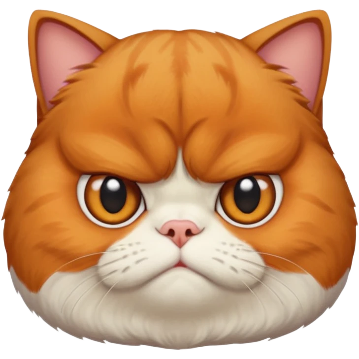 貓咪特徵強調
 
品種/臉型： 以**加菲貓（Garfield cat）或異國短毛貓（Exotic Shorthair）**為原型。
面部特徵： 強調扁臉（Flat face）、極度厭世的表情（Extremely grumpy/grumpy/displeased expression）、深深的皺眉（Deeply furrowed brow）、以及大眼睛（Large eyes）。
毛髮： 擁有雙層、蓬鬆的長毛（Double-coated, fluffy long fur）。 emoji