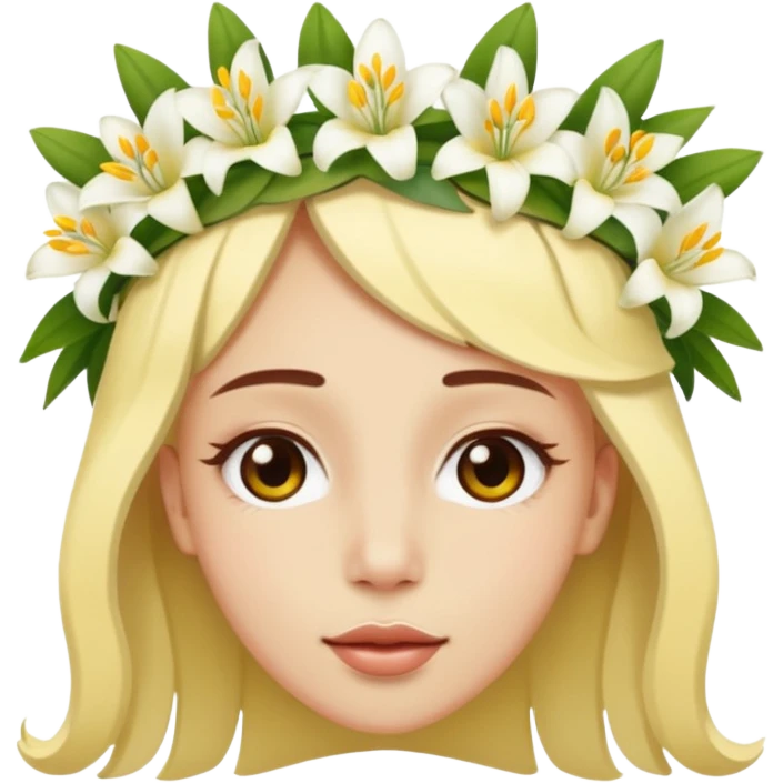Emoji Face upside down 🙃, with a flower crown on his head, a crown of small white and yellow lilies emoji