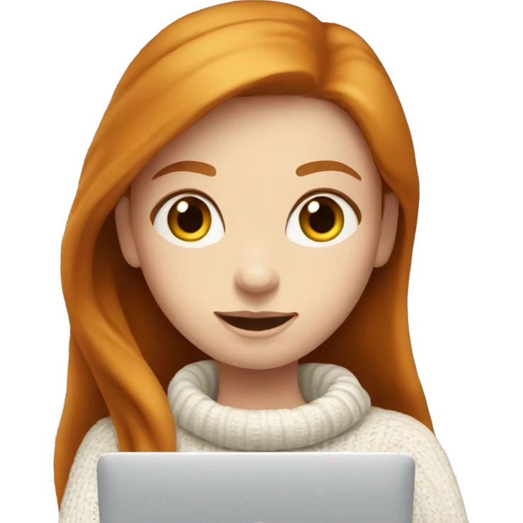 ginger girl with long hair and blue eyes in turtle neck white sweater working on a laptop emoji