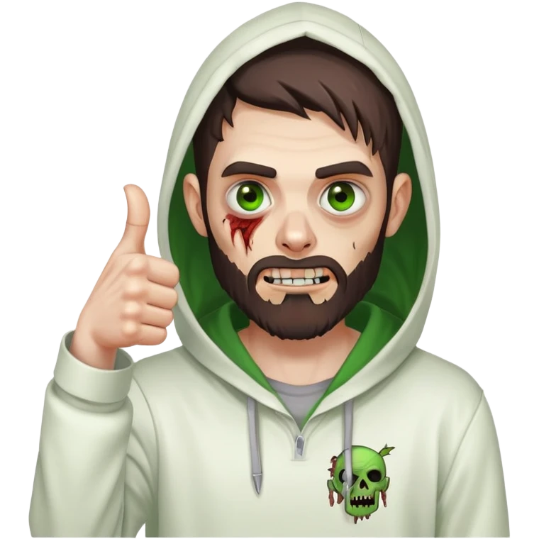 zombie with thumbs up gesture, undercut hairstyle with dark brown hair, short full beard, heterochromia with one green eye and one brown eye, wearing plain white hoodie with hood up emoji