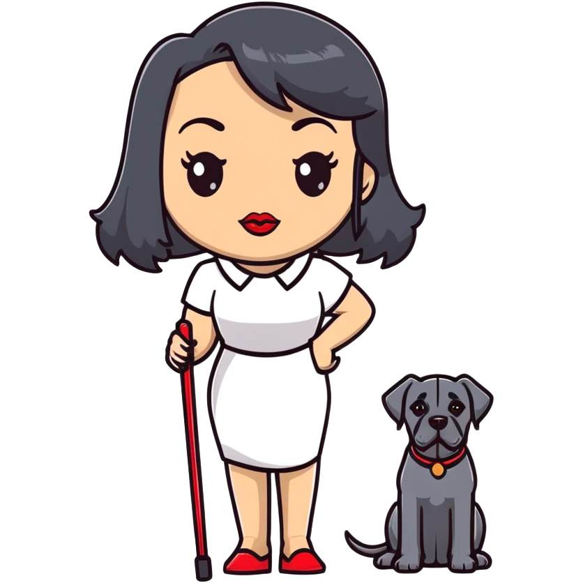 woman with long black hair and red lips next to a black Cane Corso dog with cropped ears and short tail emoji