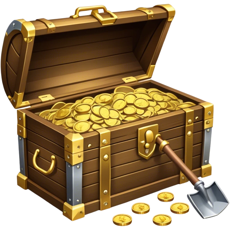 An icon featuring a treasure chest partially open, revealing gold coins and jewels. A metal detector and a shovel are nearby, symbolizing the excitement of treasure hunting. The design evokes adventure, exploration, and the thrill of discovering hidden treasures. transparent background. emoji