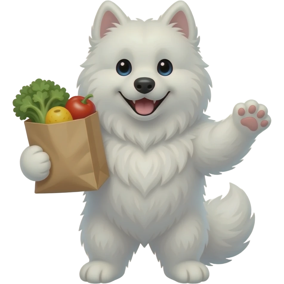 Make a samoyed that holds one Food grocery bag in each of its front legs emoji