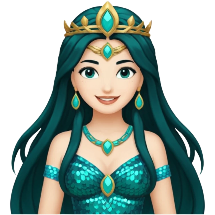 Salacia, Goddess of Hearth from Gods and Goddesses with long black hair, teal sequin outfit emoji