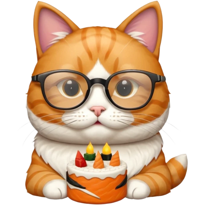 cat with cool thick square shaped glasses eating a birthday cake made out of sushi emoji