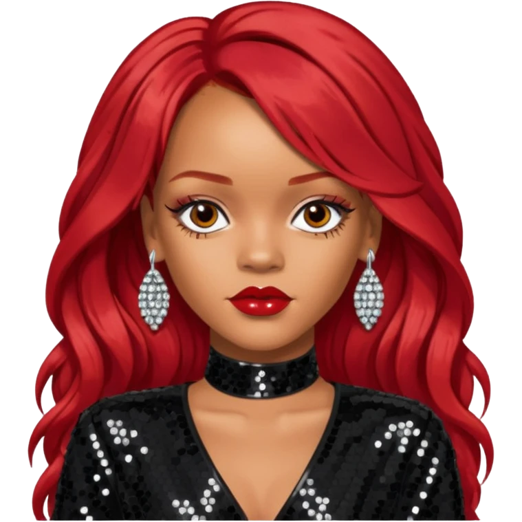 Rihanna with long red hair, black sequin outfit emoji