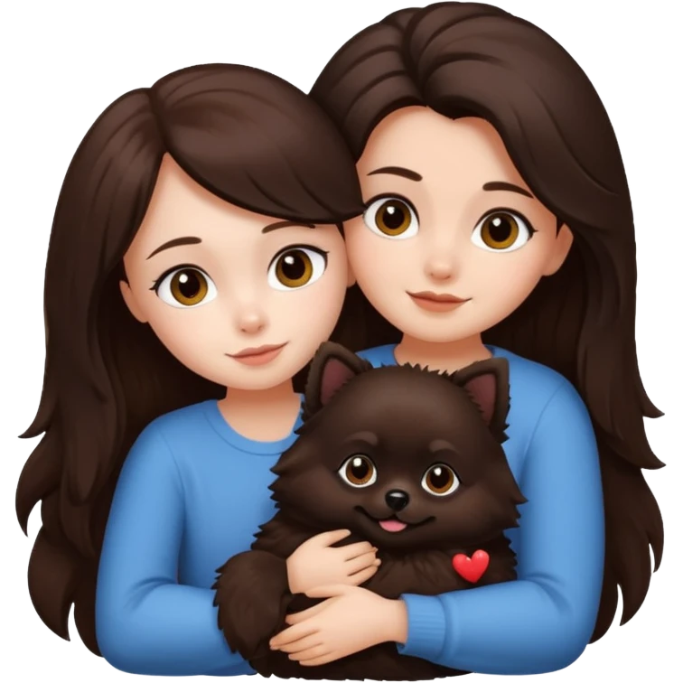 Garota de pele branca com cabelo e olhos cor de chocolate abraçando um lulu da pomerania preto  emoji